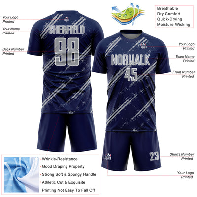 Custom Navy Gray-White Abstract Fragment Art Splash Sublimation Soccer Uniform Jersey