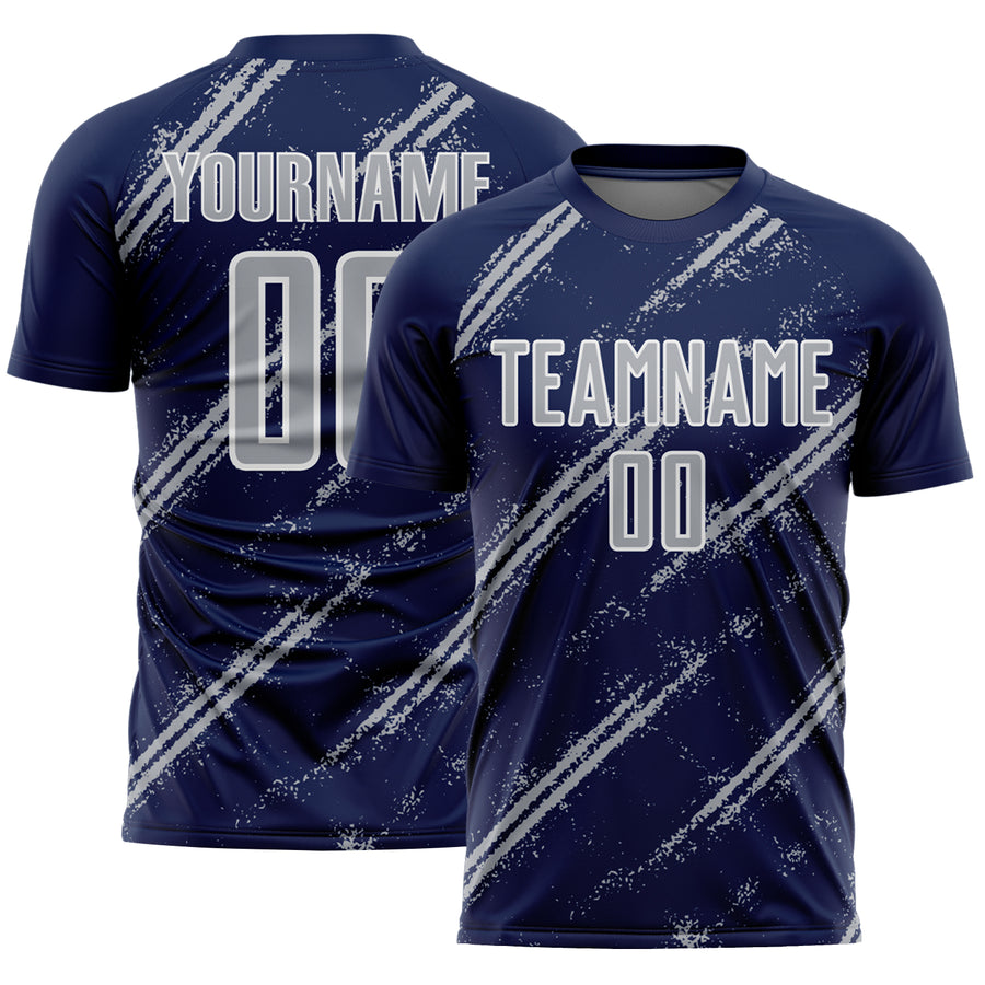 Custom Navy Gray-White Abstract Fragment Art Splash Sublimation Soccer Uniform Jersey