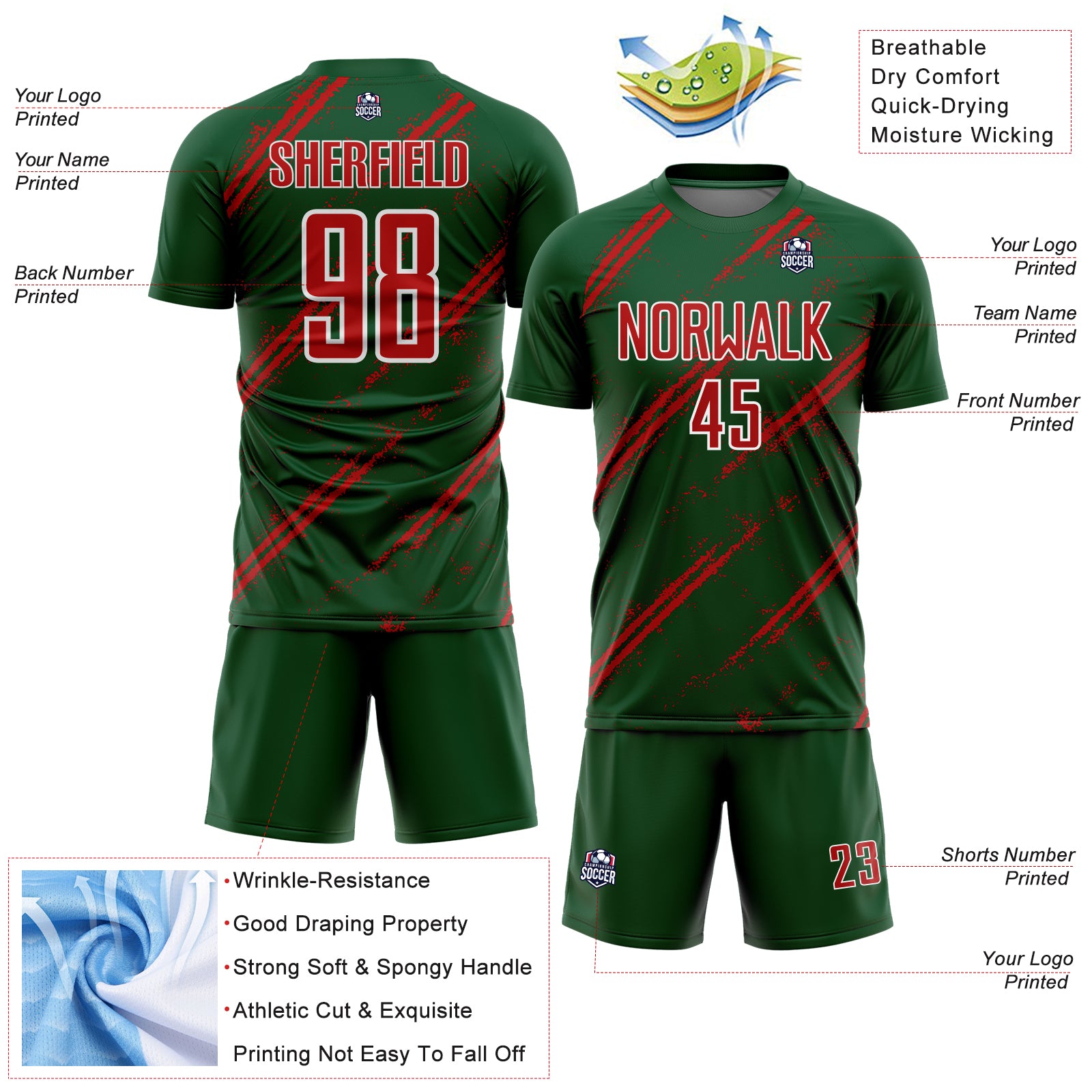 Custom Green Red-White Abstract Fragment Art Splash Sublimation Soccer Uniform Jersey