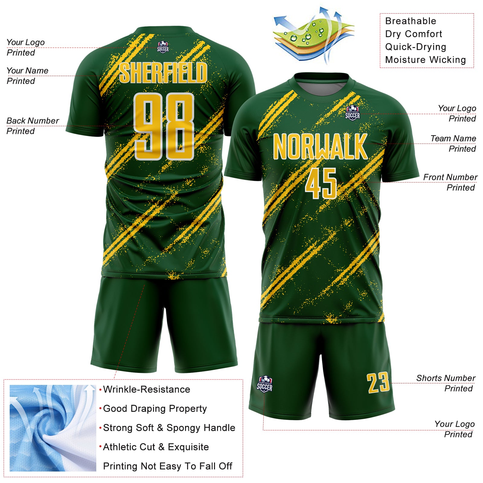 Custom Green Yellow-White Abstract Fragment Art Splash Sublimation Soccer Uniform Jersey