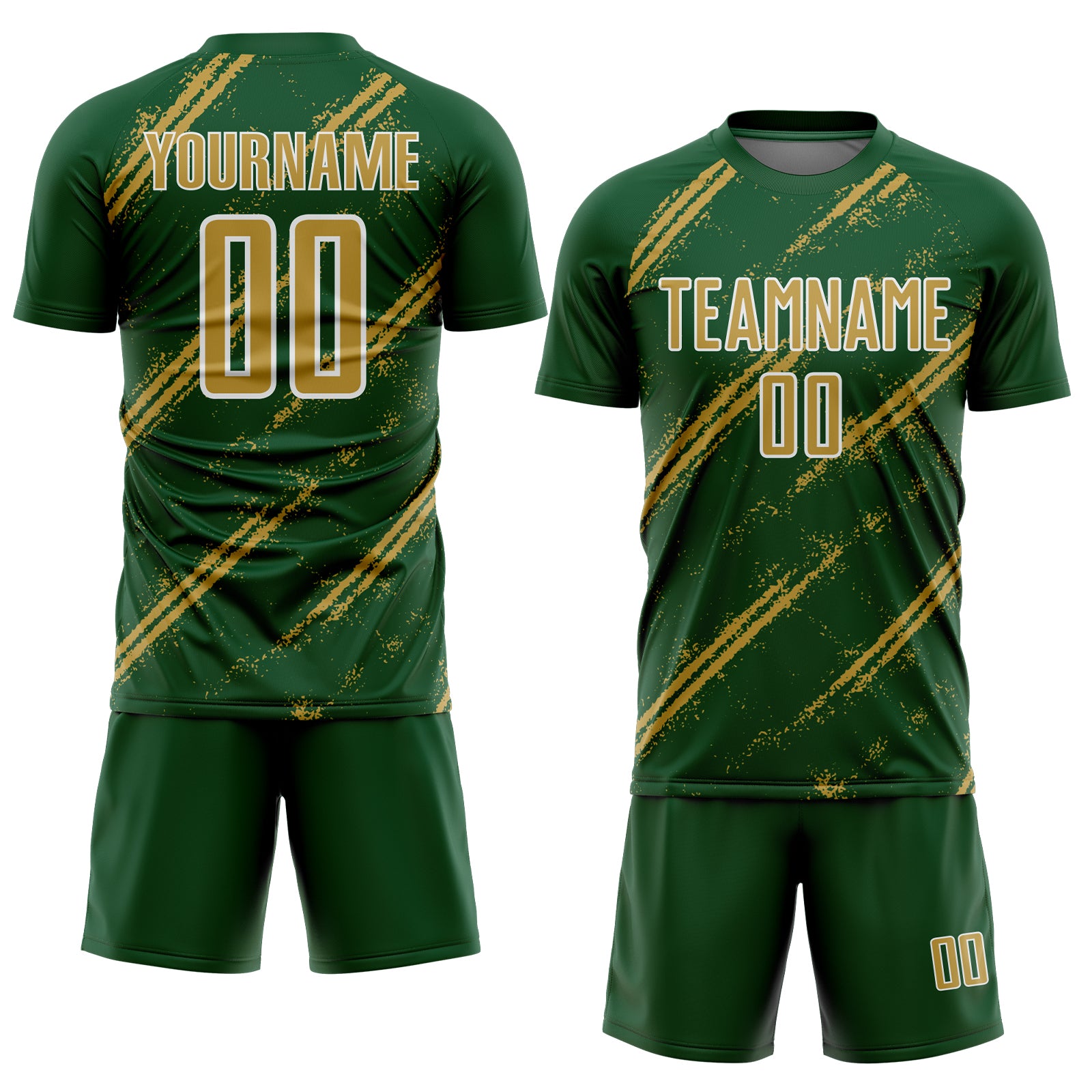 Custom Green Old Gold-White Abstract Fragment Art Splash Sublimation Soccer Uniform Jersey