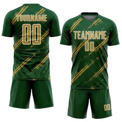 Custom Green Old Gold-White Abstract Fragment Art Splash Sublimation Soccer Uniform Jersey