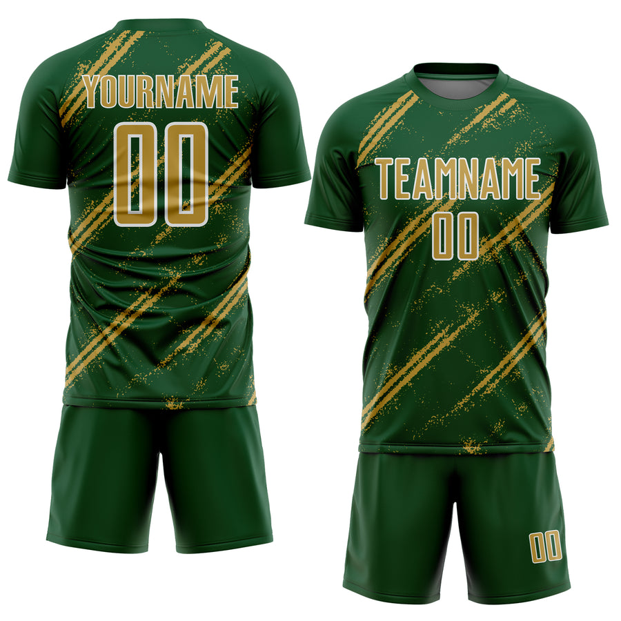 Custom Green Old Gold-White Abstract Fragment Art Splash Sublimation Soccer Uniform Jersey