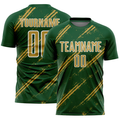 Custom Green Old Gold-White Abstract Fragment Art Splash Sublimation Soccer Uniform Jersey