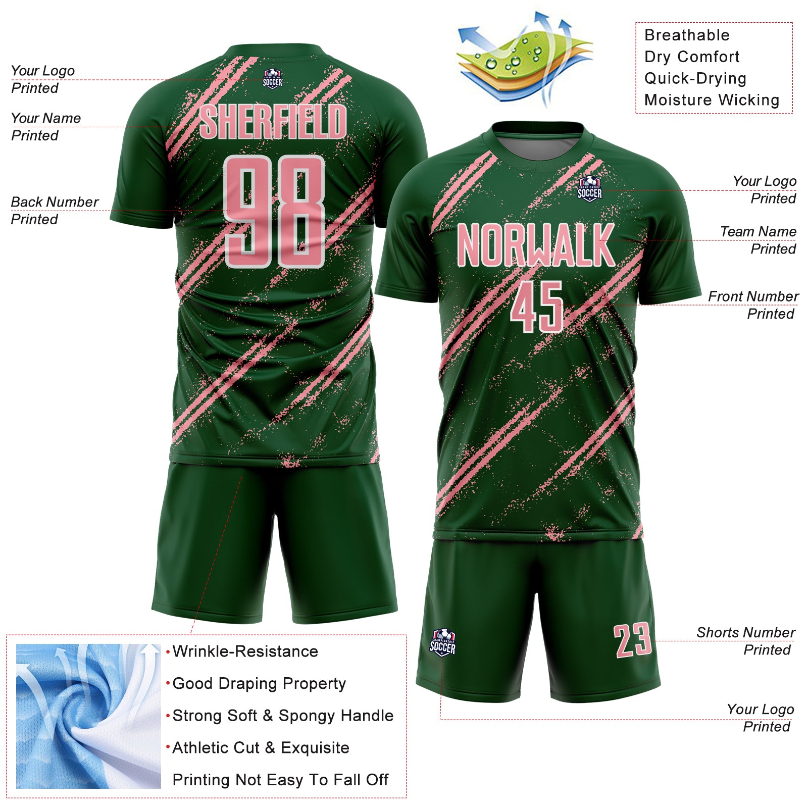 Custom Green Medium Pink-White Abstract Fragment Art Splash Sublimation Soccer Uniform Jersey