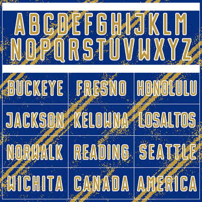 Custom Royal Old Gold-White Abstract Fragment Art Splash Sublimation Soccer Uniform Jersey