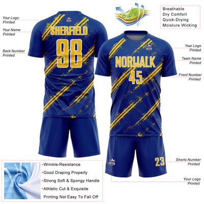 Custom Royal Yellow-White Abstract Fragment Art Splash Sublimation Soccer Uniform Jersey