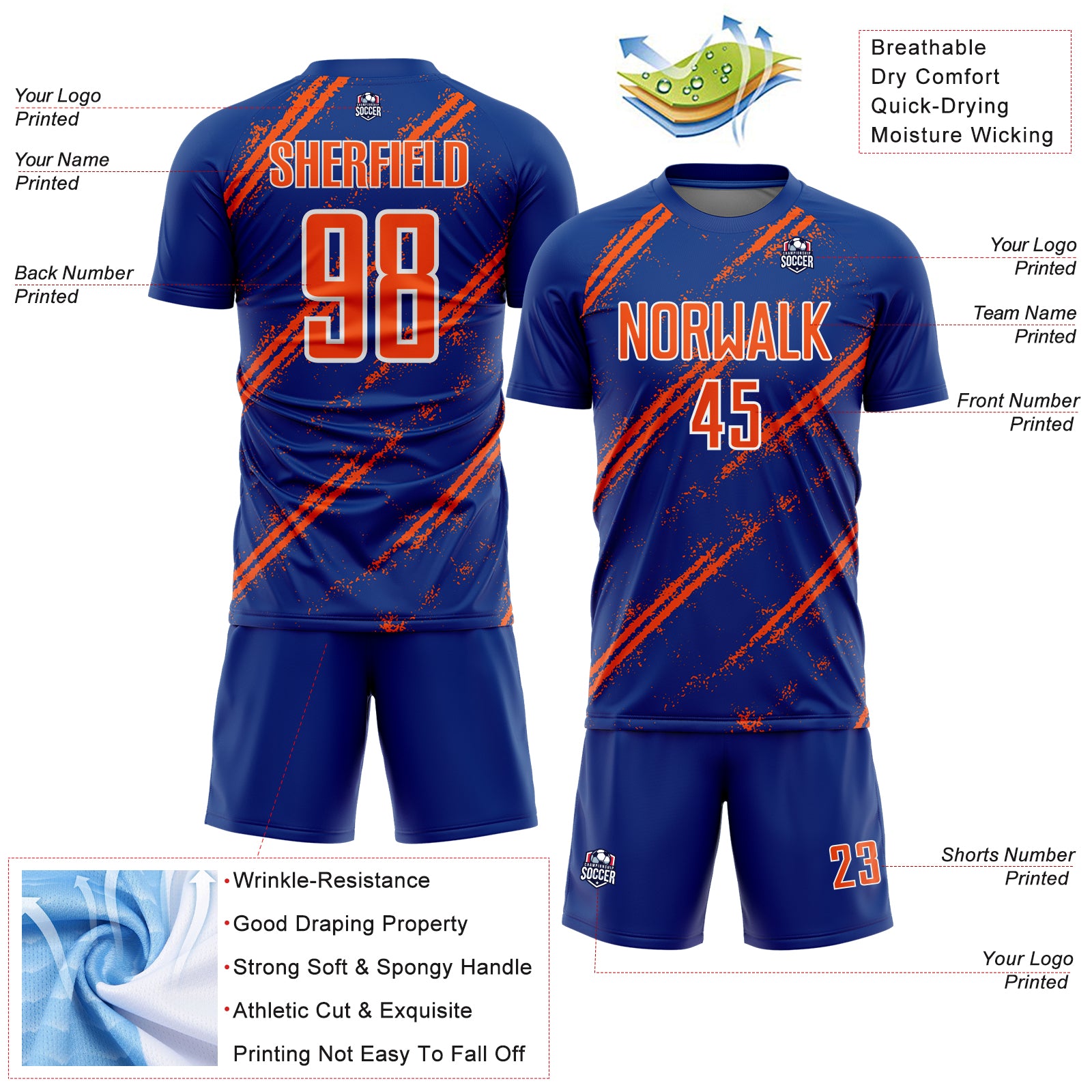 Custom Royal Orange-White Abstract Fragment Art Splash Sublimation Soccer Uniform Jersey