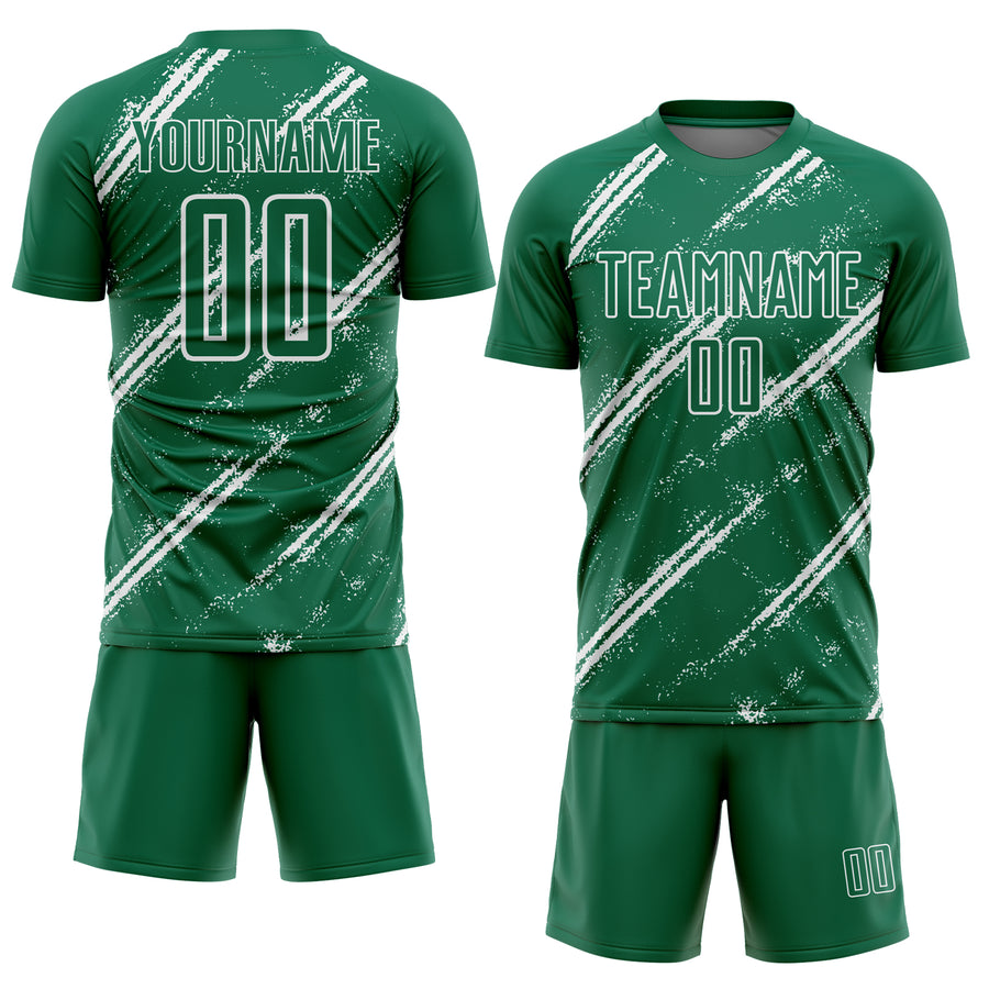 Custom Kelly Green White Abstract Fragment Art Splash Sublimation Soccer Uniform Jersey