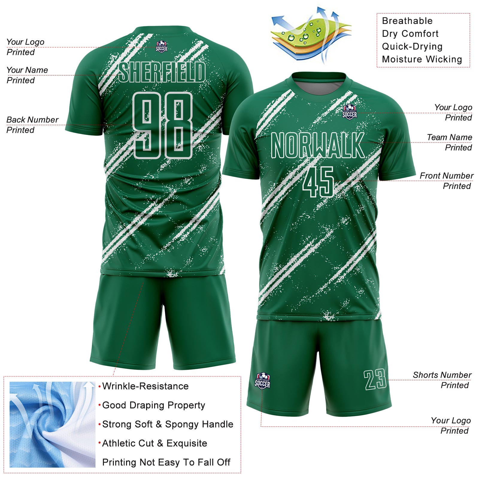 Custom Kelly Green White Abstract Fragment Art Splash Sublimation Soccer Uniform Jersey