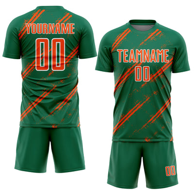 Custom Kelly Green Orange-White Abstract Fragment Art Splash Sublimation Soccer Uniform Jersey