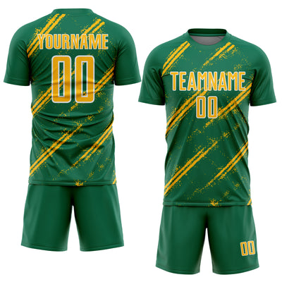 Custom Kelly Green Gold-White Abstract Fragment Art Splash Sublimation Soccer Uniform Jersey