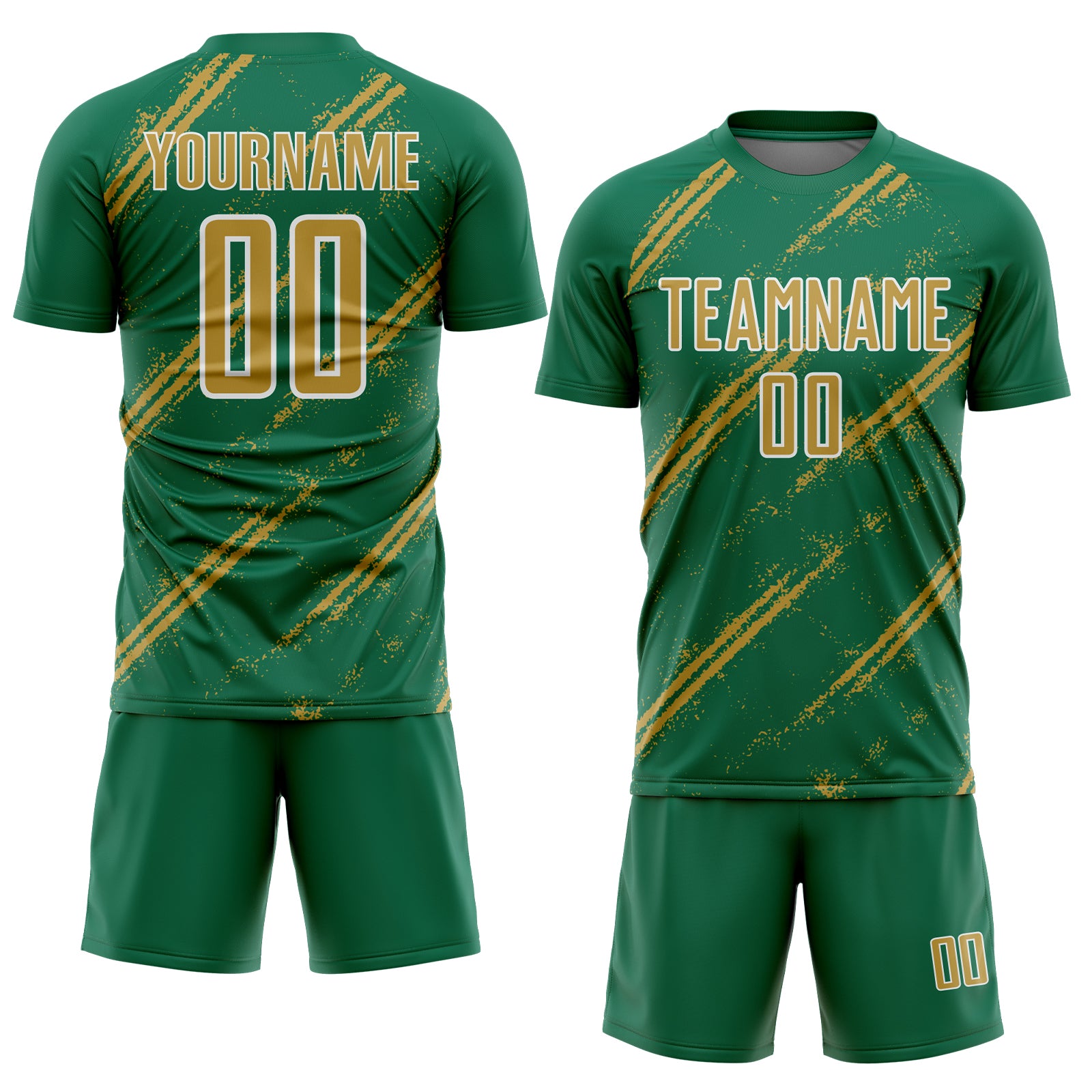 Custom Kelly Green Old Gold-White Abstract Fragment Art Splash Sublimation Soccer Uniform Jersey