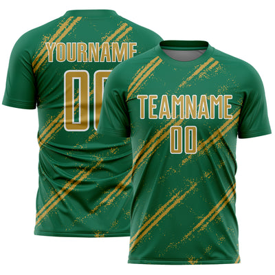 Custom Kelly Green Old Gold-White Abstract Fragment Art Splash Sublimation Soccer Uniform Jersey