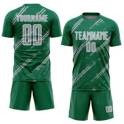 Custom Kelly Green Gray-White Abstract Fragment Art Splash Sublimation Soccer Uniform Jersey