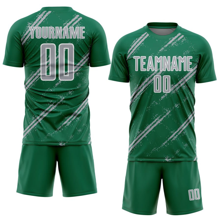 Custom Kelly Green Gray-White Abstract Fragment Art Splash Sublimation Soccer Uniform Jersey