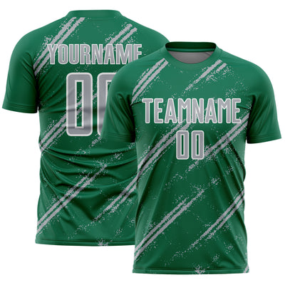 Custom Kelly Green Gray-White Abstract Fragment Art Splash Sublimation Soccer Uniform Jersey