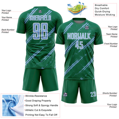 Custom Kelly Green Light Blue-White Abstract Fragment Art Splash Sublimation Soccer Uniform Jersey