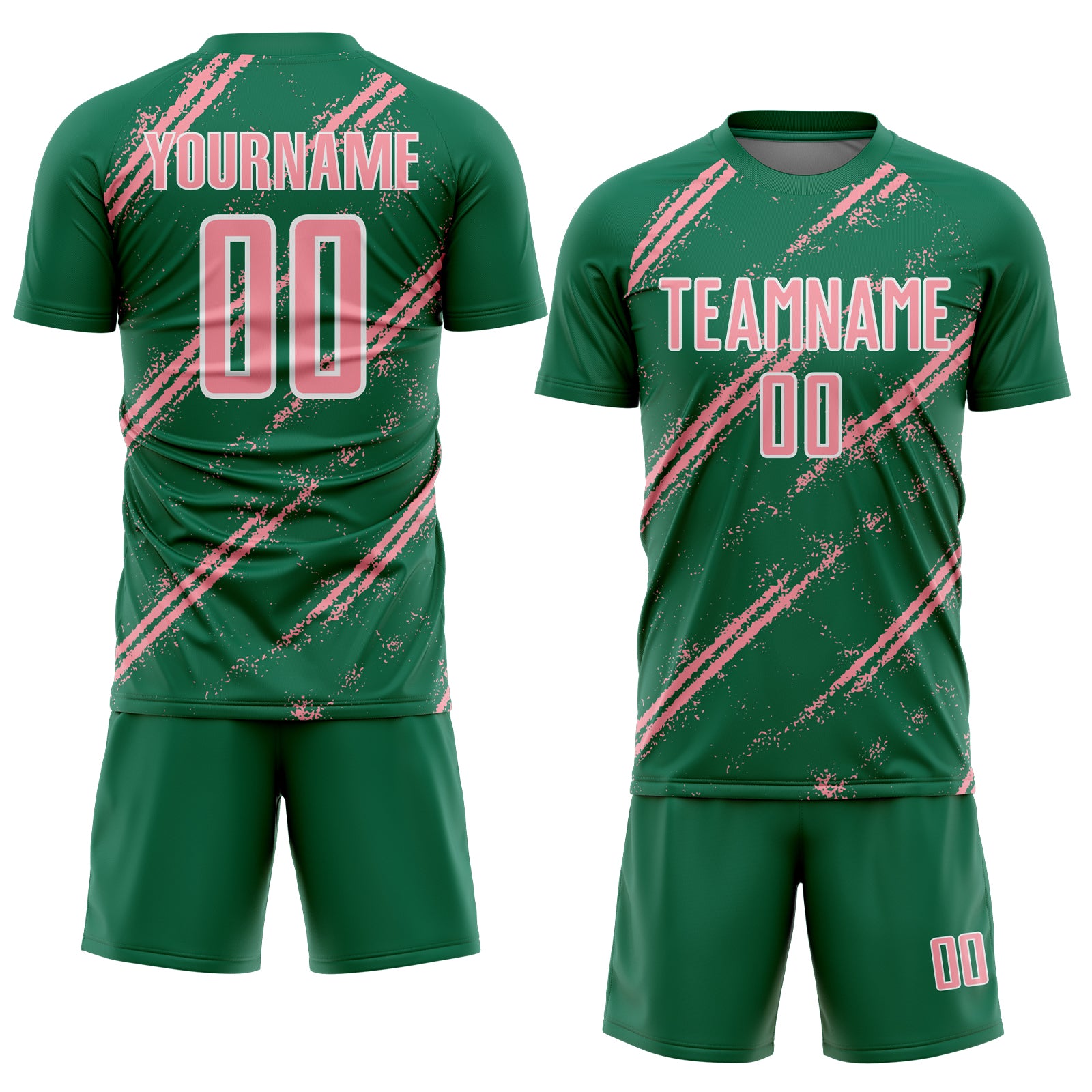 Custom Kelly Green Medium Pink-White Abstract Fragment Art Splash Sublimation Soccer Uniform Jersey