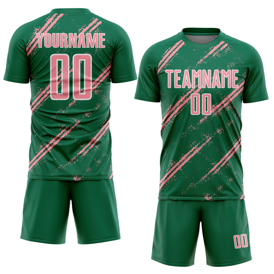 Custom Kelly Green Medium Pink-White Abstract Fragment Art Splash Sublimation Soccer Uniform Jersey