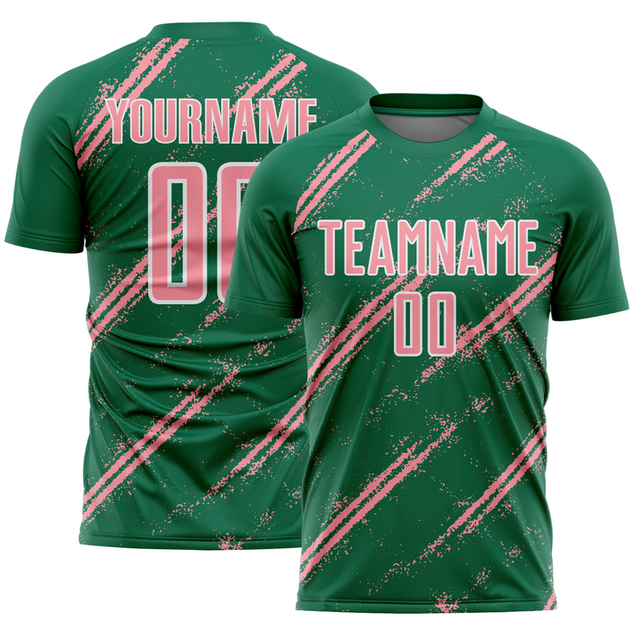 Custom Kelly Green Medium Pink-White Abstract Fragment Art Splash Sublimation Soccer Uniform Jersey
