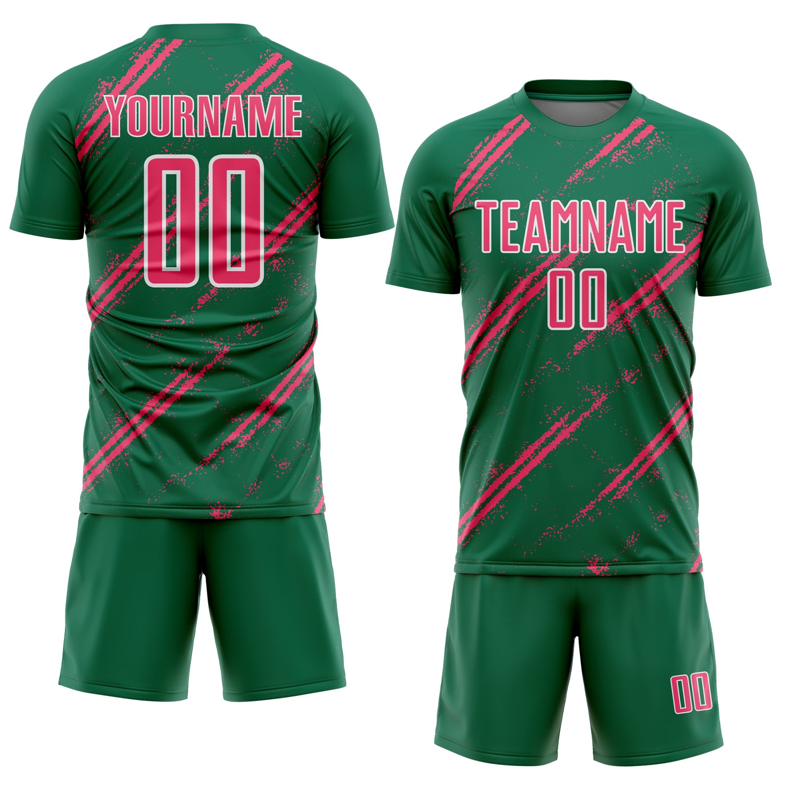 Custom Kelly Green Neon Pink-White Abstract Fragment Art Splash Sublimation Soccer Uniform Jersey
