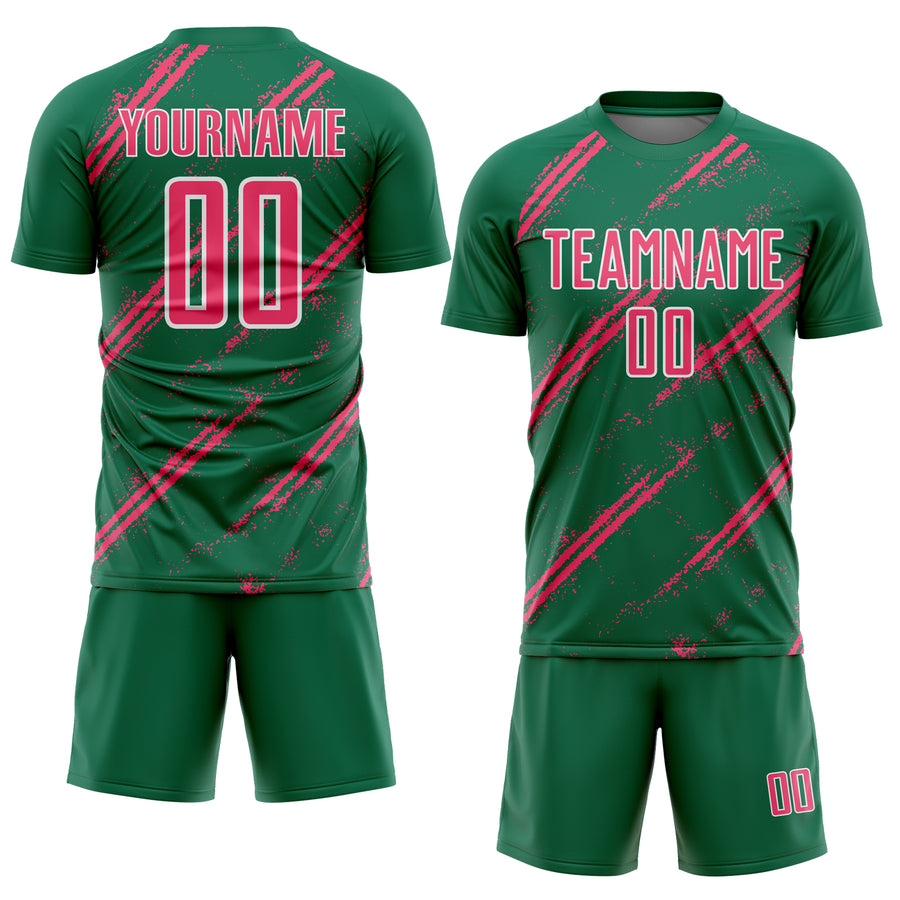 Custom Kelly Green Neon Pink-White Abstract Fragment Art Splash Sublimation Soccer Uniform Jersey
