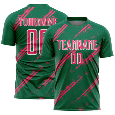 Custom Kelly Green Neon Pink-White Abstract Fragment Art Splash Sublimation Soccer Uniform Jersey