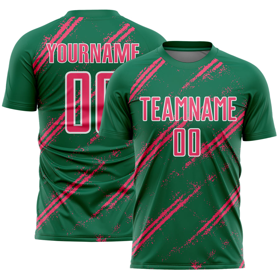 Custom Kelly Green Neon Pink-White Abstract Fragment Art Splash Sublimation Soccer Uniform Jersey