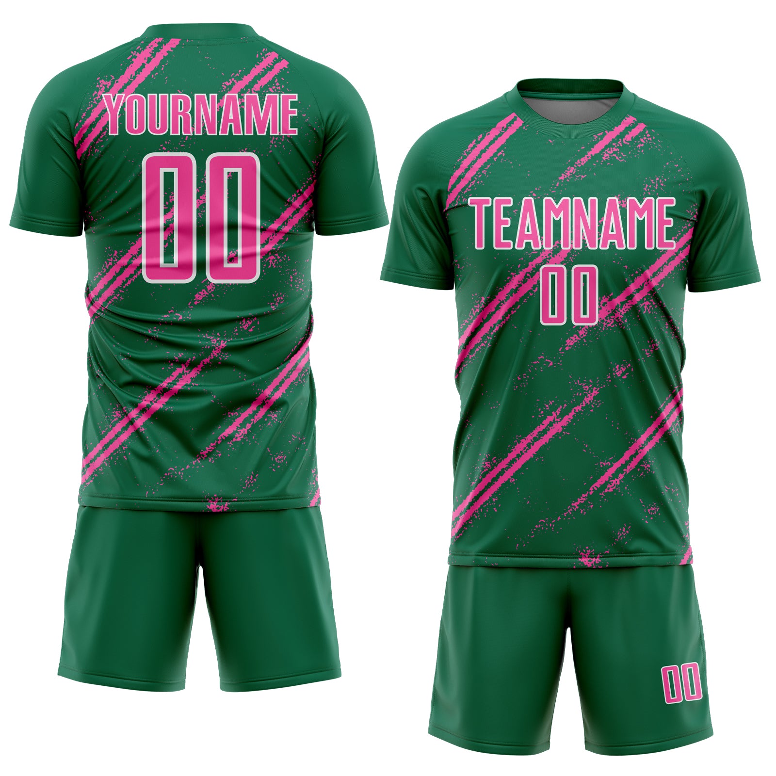 Custom Kelly Green Pink-White Abstract Fragment Art Splash Sublimation Soccer Uniform Jersey