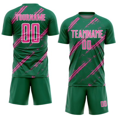 Custom Kelly Green Pink-White Abstract Fragment Art Splash Sublimation Soccer Uniform Jersey