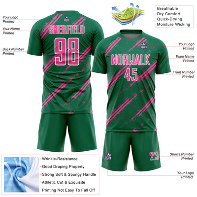 Custom Kelly Green Pink-White Abstract Fragment Art Splash Sublimation Soccer Uniform Jersey