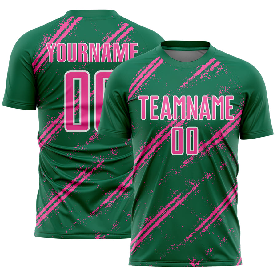 Custom Kelly Green Pink-White Abstract Fragment Art Splash Sublimation Soccer Uniform Jersey