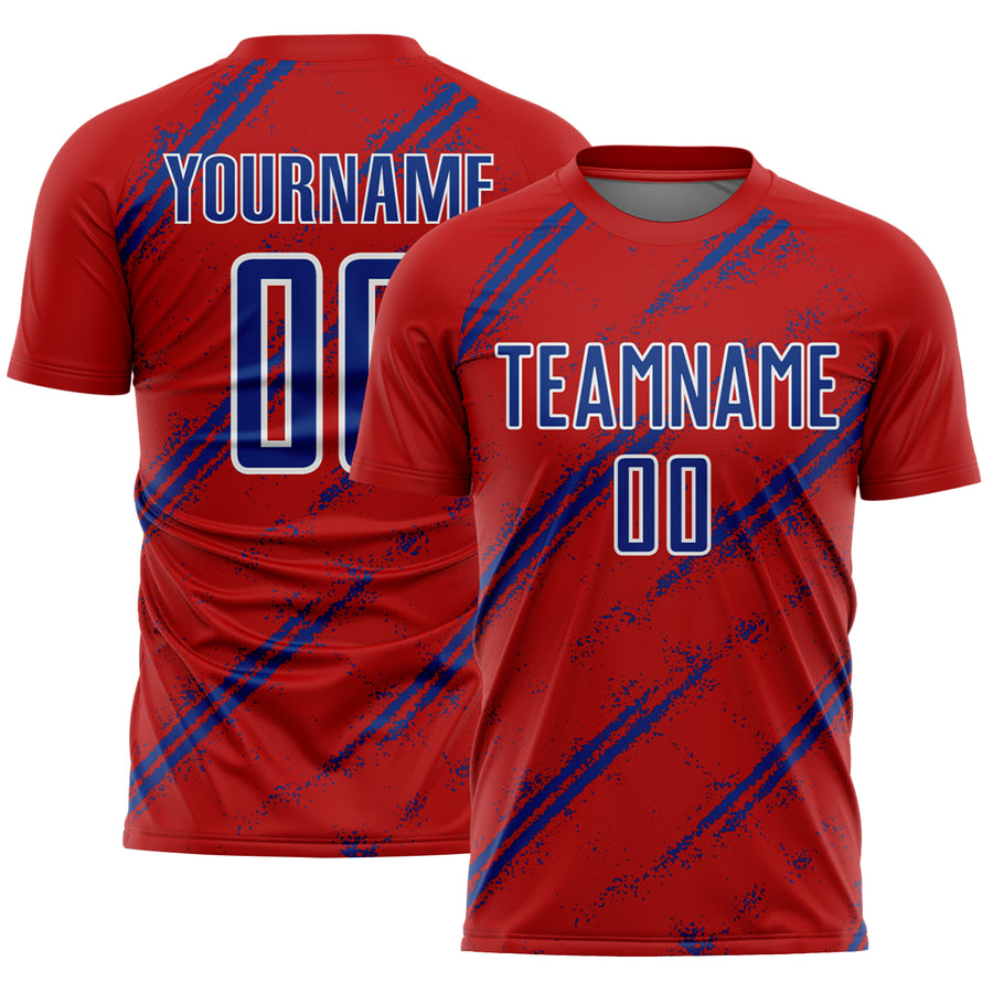 Custom Red Royal-White Abstract Fragment Art Splash Sublimation Soccer Uniform Jersey