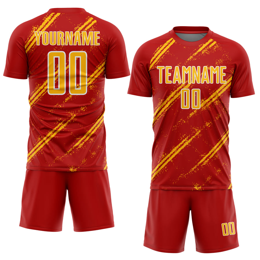 Custom Red Gold-White Abstract Fragment Art Splash Sublimation Soccer Uniform Jersey