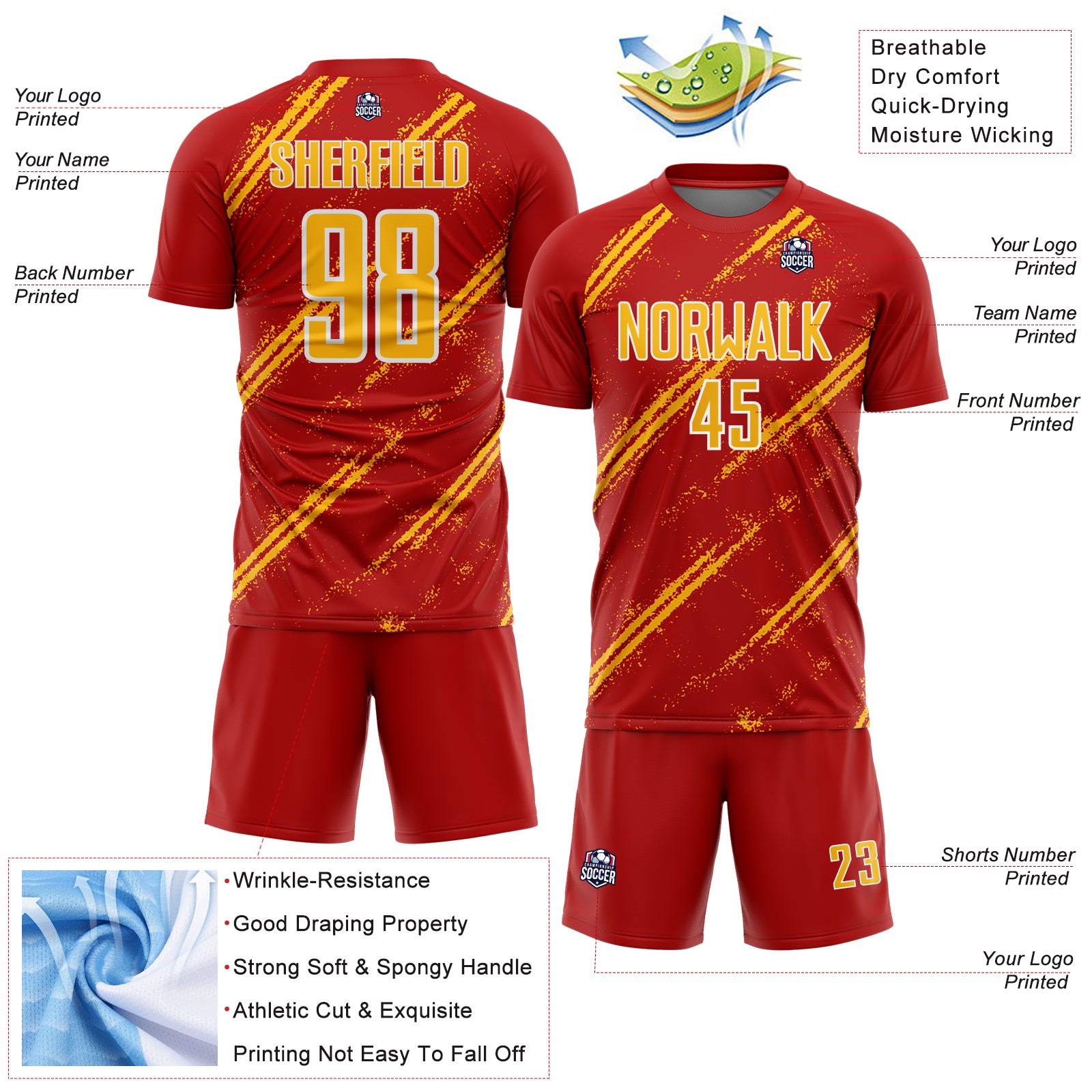 Custom Red Gold-White Abstract Fragment Art Splash Sublimation Soccer Uniform Jersey