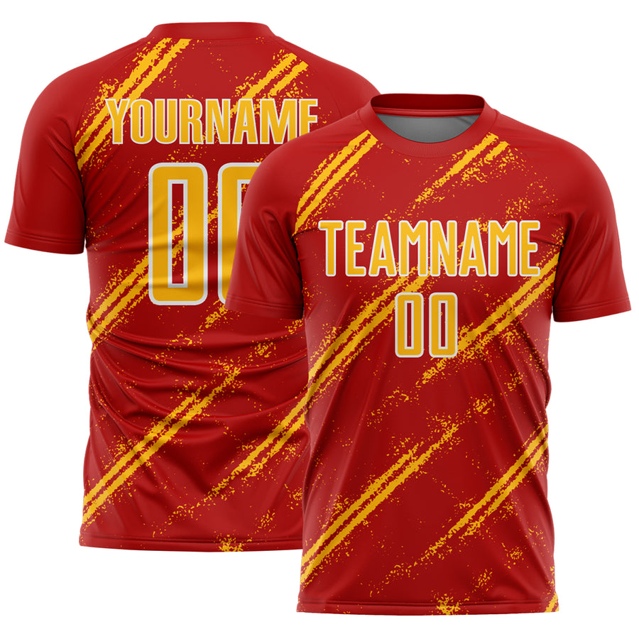 Custom Red Gold-White Abstract Fragment Art Splash Sublimation Soccer Uniform Jersey