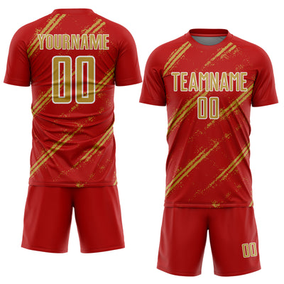 Custom Red Old Gold-White Abstract Fragment Art Splash Sublimation Soccer Uniform Jersey
