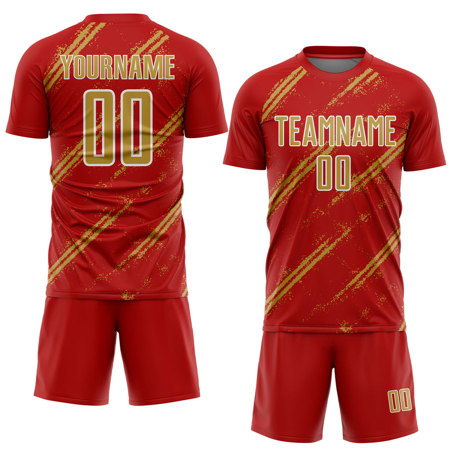 Custom Red Old Gold-White Abstract Fragment Art Splash Sublimation Soccer Uniform Jersey