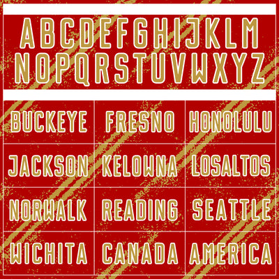 Custom Red Old Gold-White Abstract Fragment Art Splash Sublimation Soccer Uniform Jersey