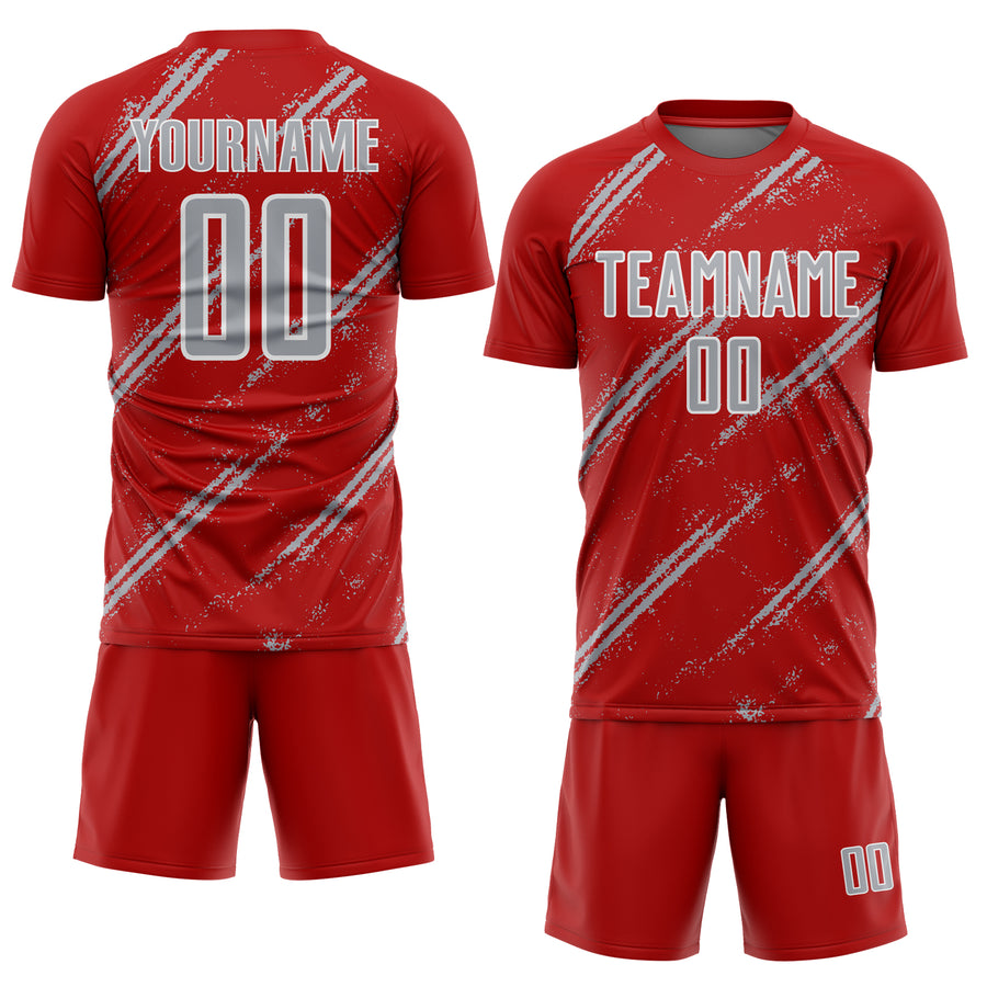 Custom Red Gray-White Abstract Fragment Art Splash Sublimation Soccer Uniform Jersey