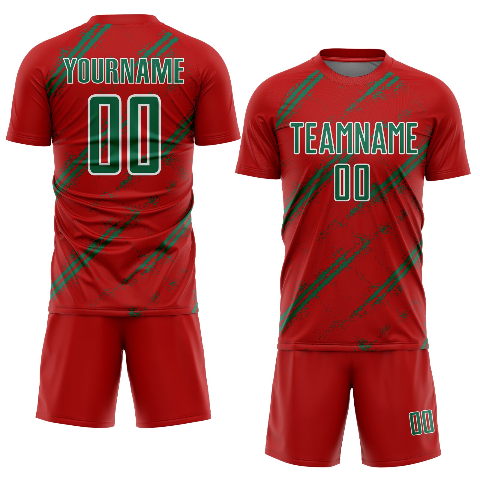 Custom Red Kelly Green-White Abstract Fragment Art Splash Sublimation Soccer Uniform Jersey