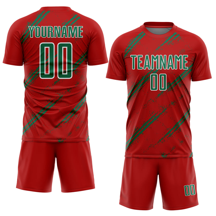 Custom Red Kelly Green-White Abstract Fragment Art Splash Sublimation Soccer Uniform Jersey