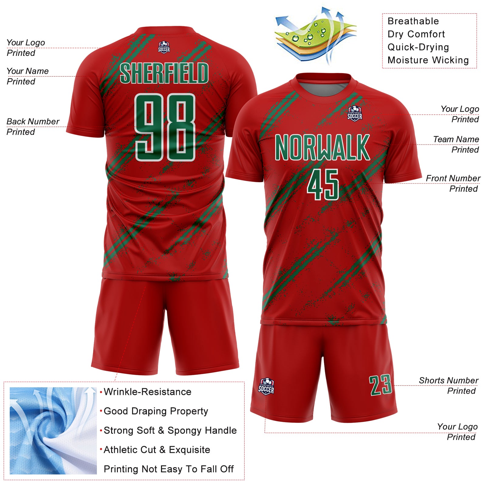 Custom Red Kelly Green-White Abstract Fragment Art Splash Sublimation Soccer Uniform Jersey