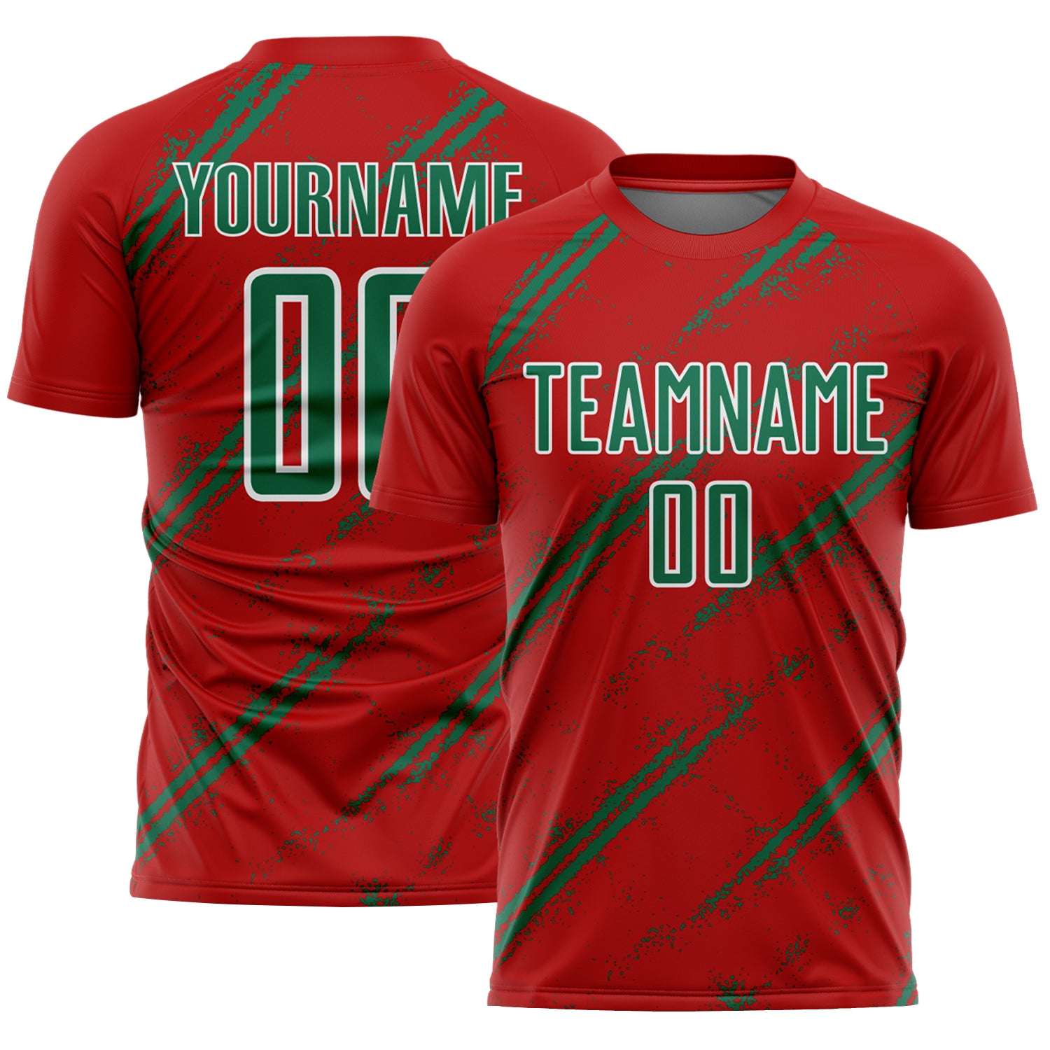 Custom Red Kelly Green-White Abstract Fragment Art Splash Sublimation Soccer Uniform Jersey