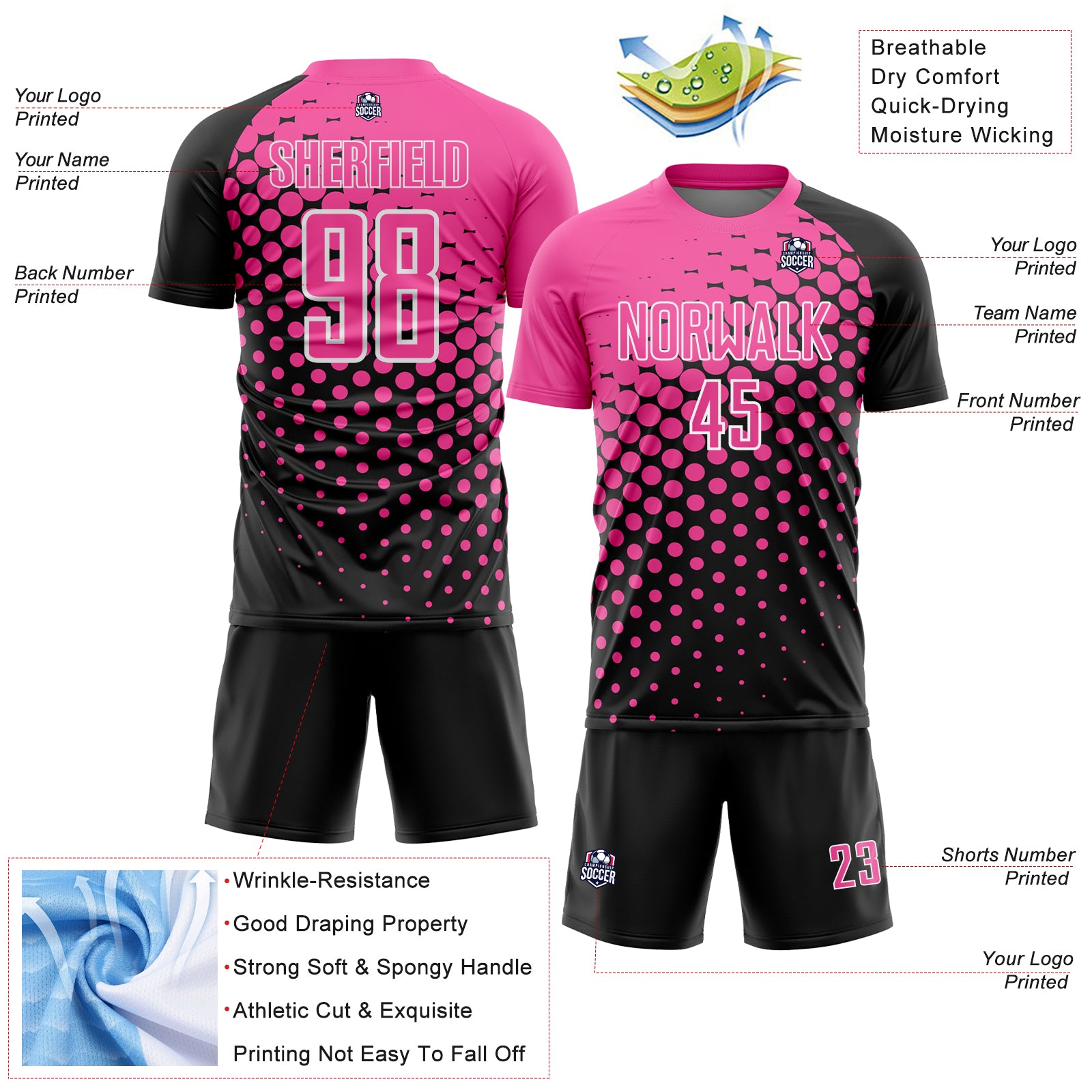 Custom Black Pink-White Modern Polka Dot Sublimation Soccer Uniform Jersey