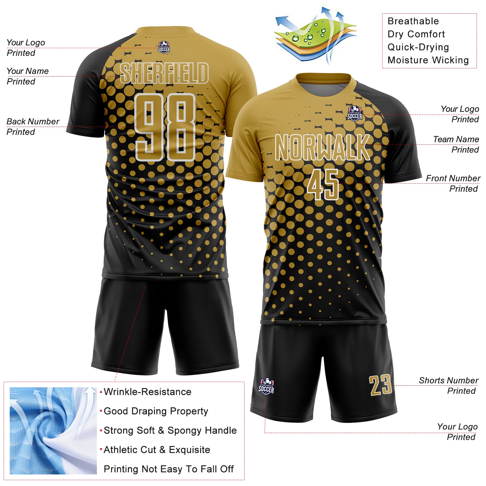 Custom Black Old Gold-White Modern Polka Dot Sublimation Soccer Uniform Jersey