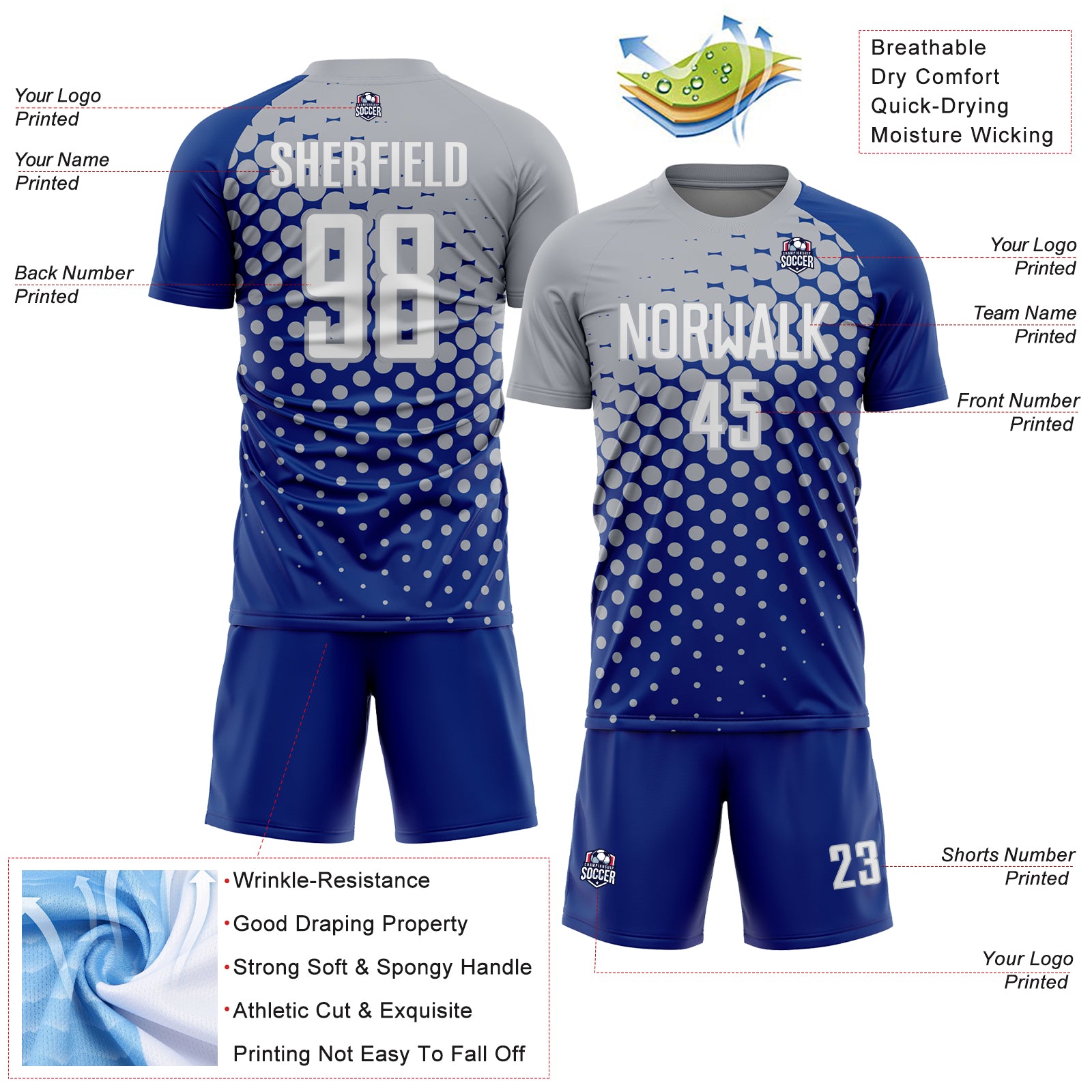 Custom Royal White-Gray Modern Polka Dot Sublimation Soccer Uniform Jersey