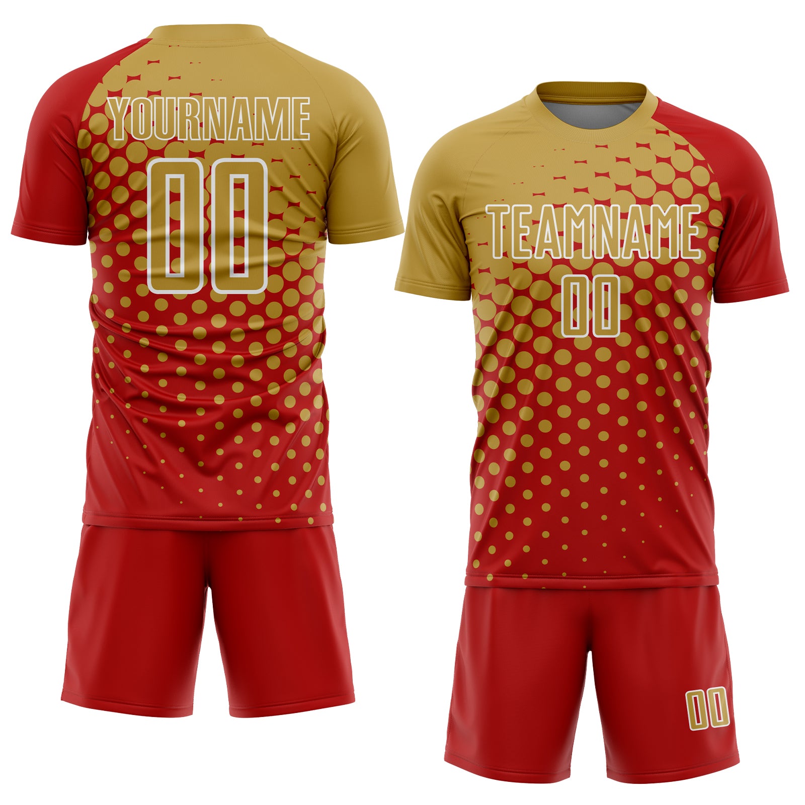 Custom Red Old Gold-White Modern Polka Dot Sublimation Soccer Uniform Jersey