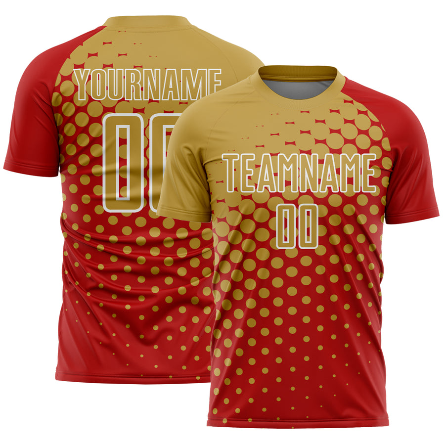 Custom Red Old Gold-White Modern Polka Dot Sublimation Soccer Uniform Jersey